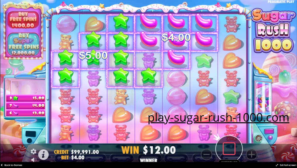 Διάφορα σύμβολα του Sugar Rush 1000 σε νίκη.